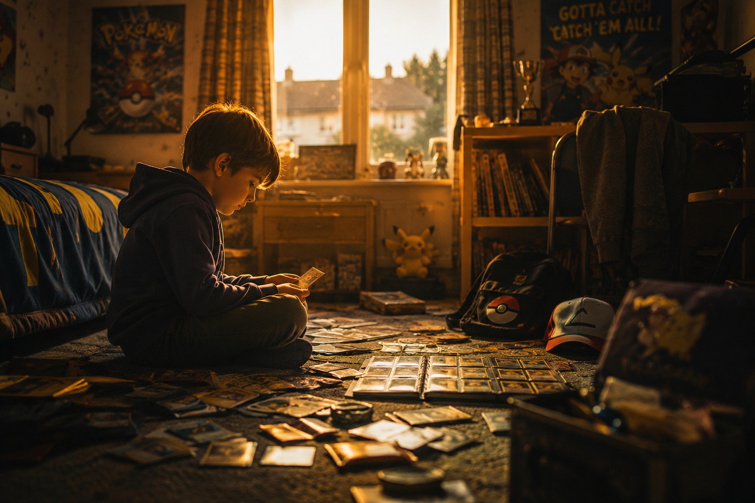 A nostalgic childhood Pokémon collecting memory with cards spread across a bedroom floor in warm golden light