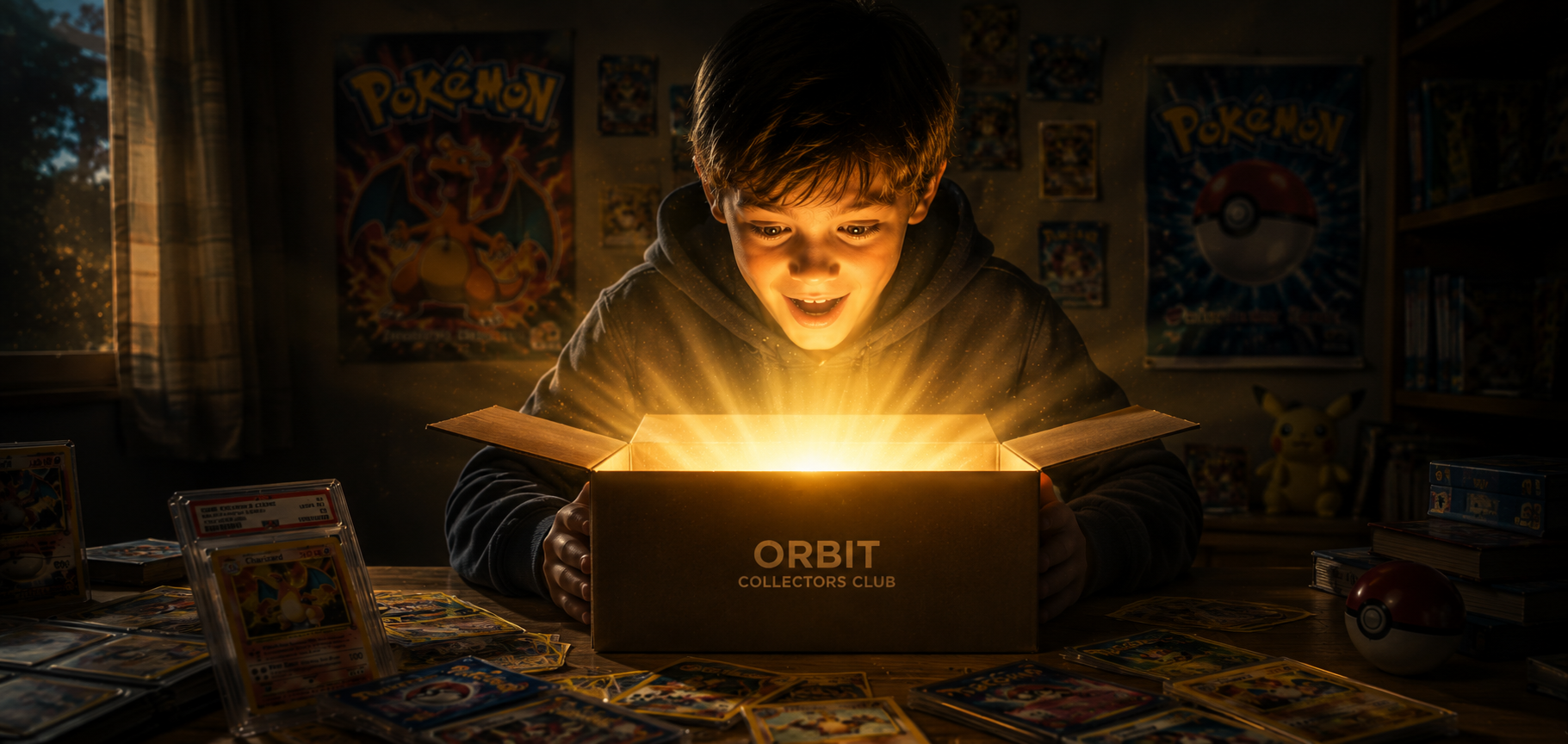 A young collector smiling as golden light shines from an Orbit Collectors Club parcel