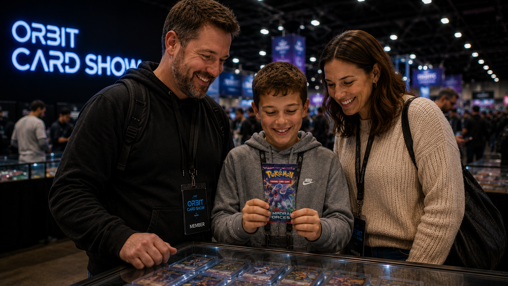 Young collector receiving a free Pokémon booster pack at Orbit Card Show