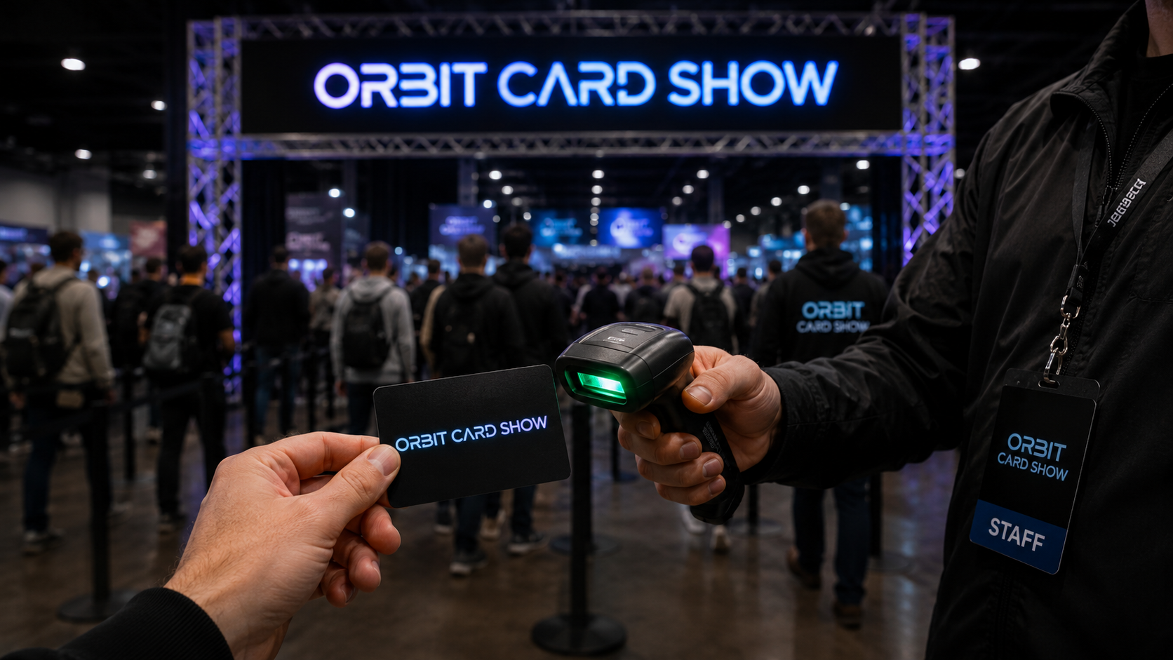 Orbit Card Show membership card being scanned for free entry
