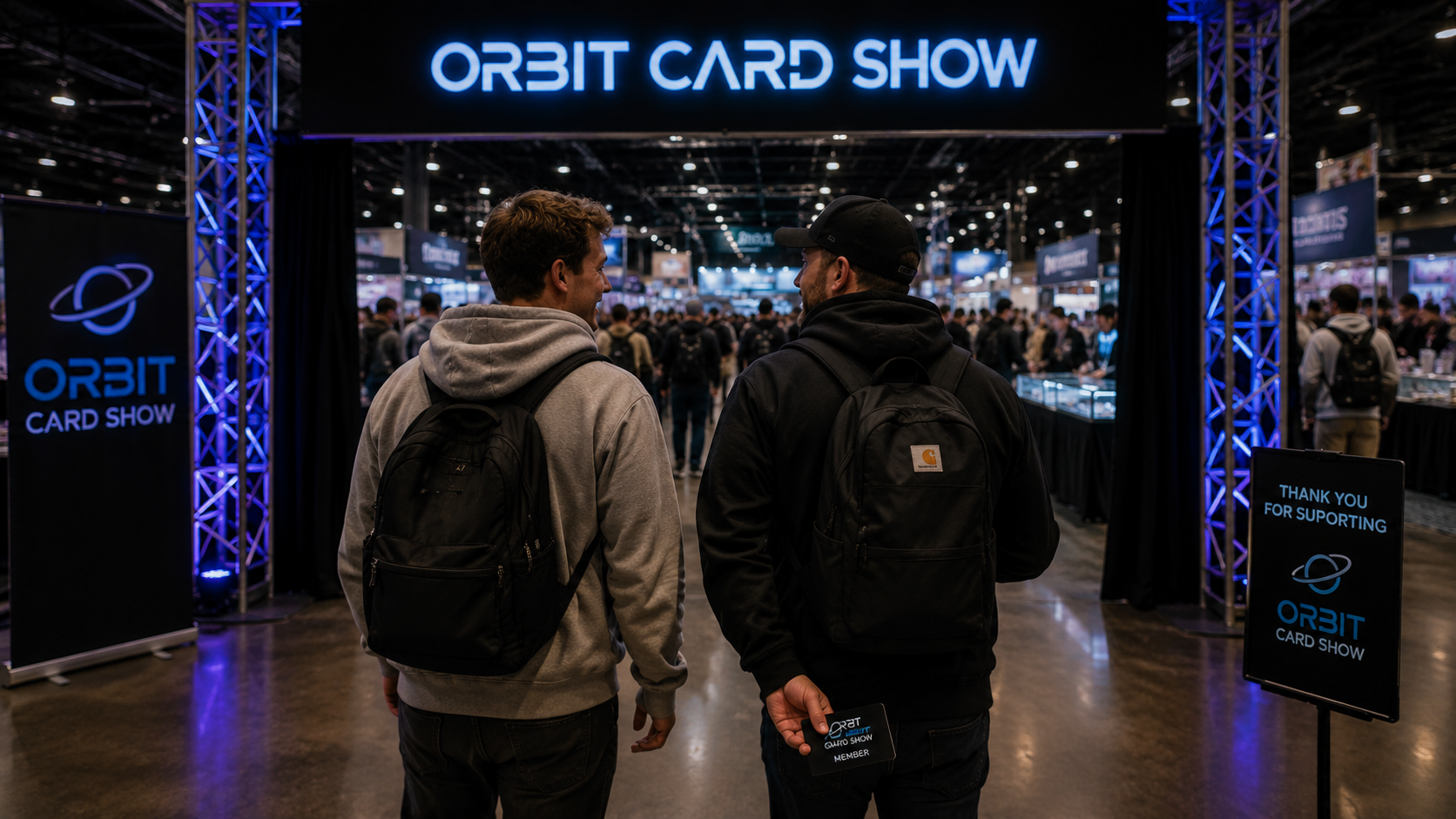 Two collectors walking into Orbit Card Show together with member guest access