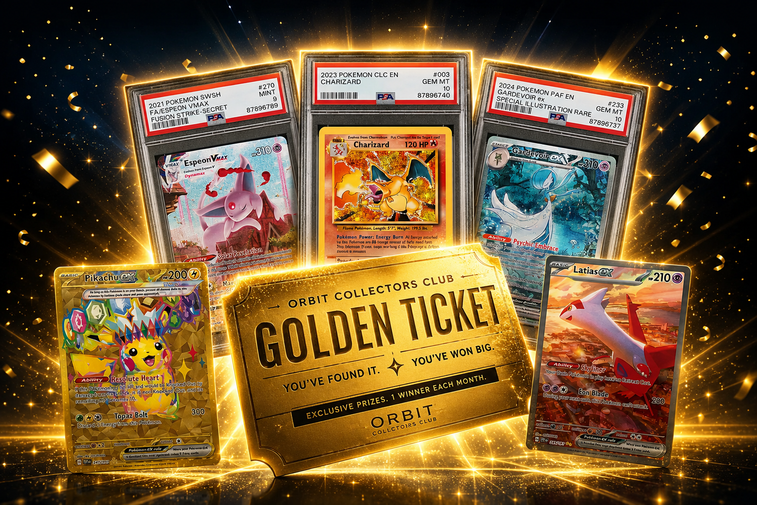 Orbit Collectors Club Golden Ticket prize with Pokémon cards and graded slabs